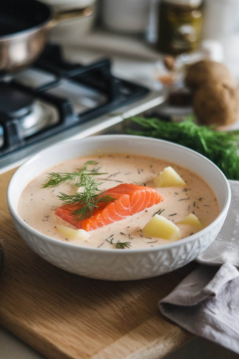 Indoor Nordic kitchen with bowl of creamy salmon soup, dill and potato chunks floating. No text or logos. Photo.