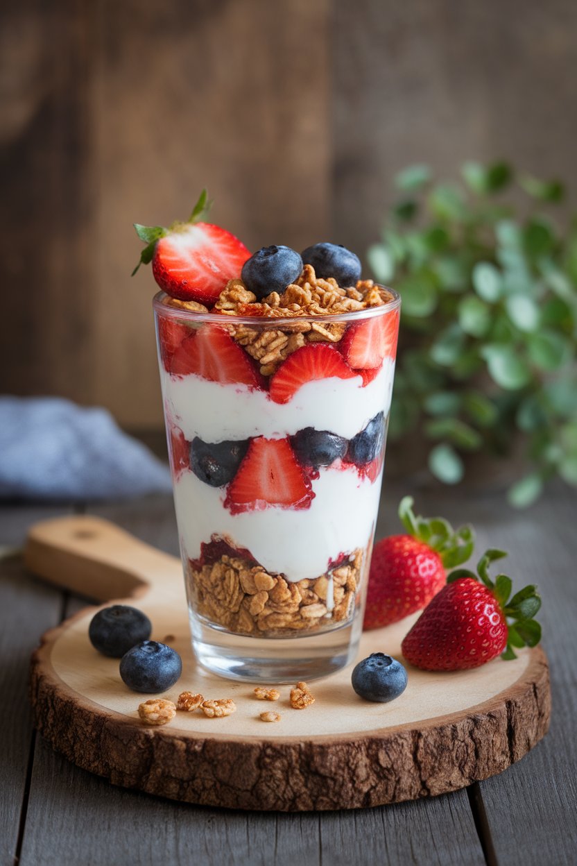 An indoor parfait glass layered with strawberries, blueberries, Greek yogurt, and granola; no text or logos. Photo only.