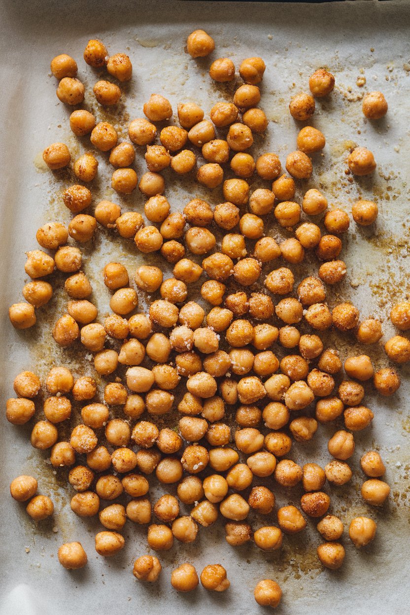 An indoor baking sheet with crispy roasted chickpeas dusted in garlic and Parmesan, parchment paper underneath; no text or logos; photo