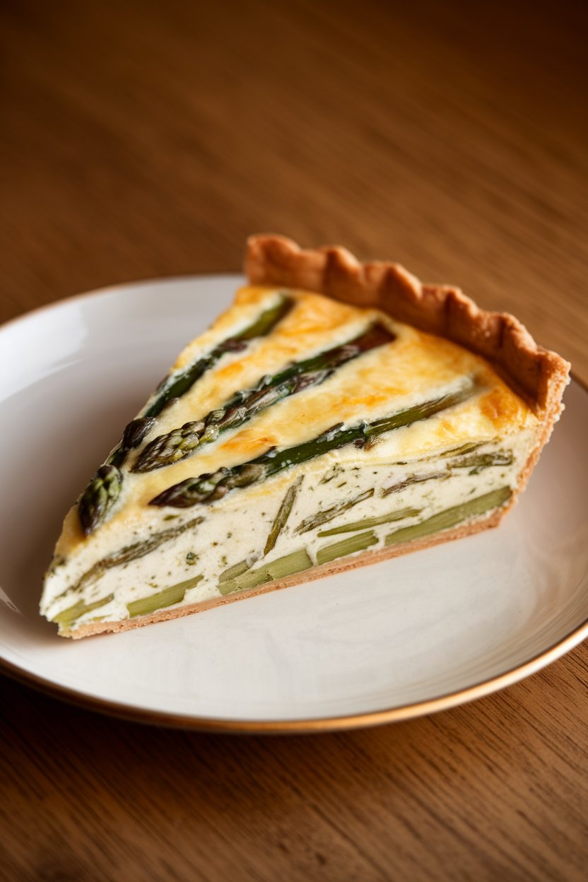 Slice of asparagus and goat cheese quiche on a white plate, asparagus tips visible, indoor warm light—no text or logos.