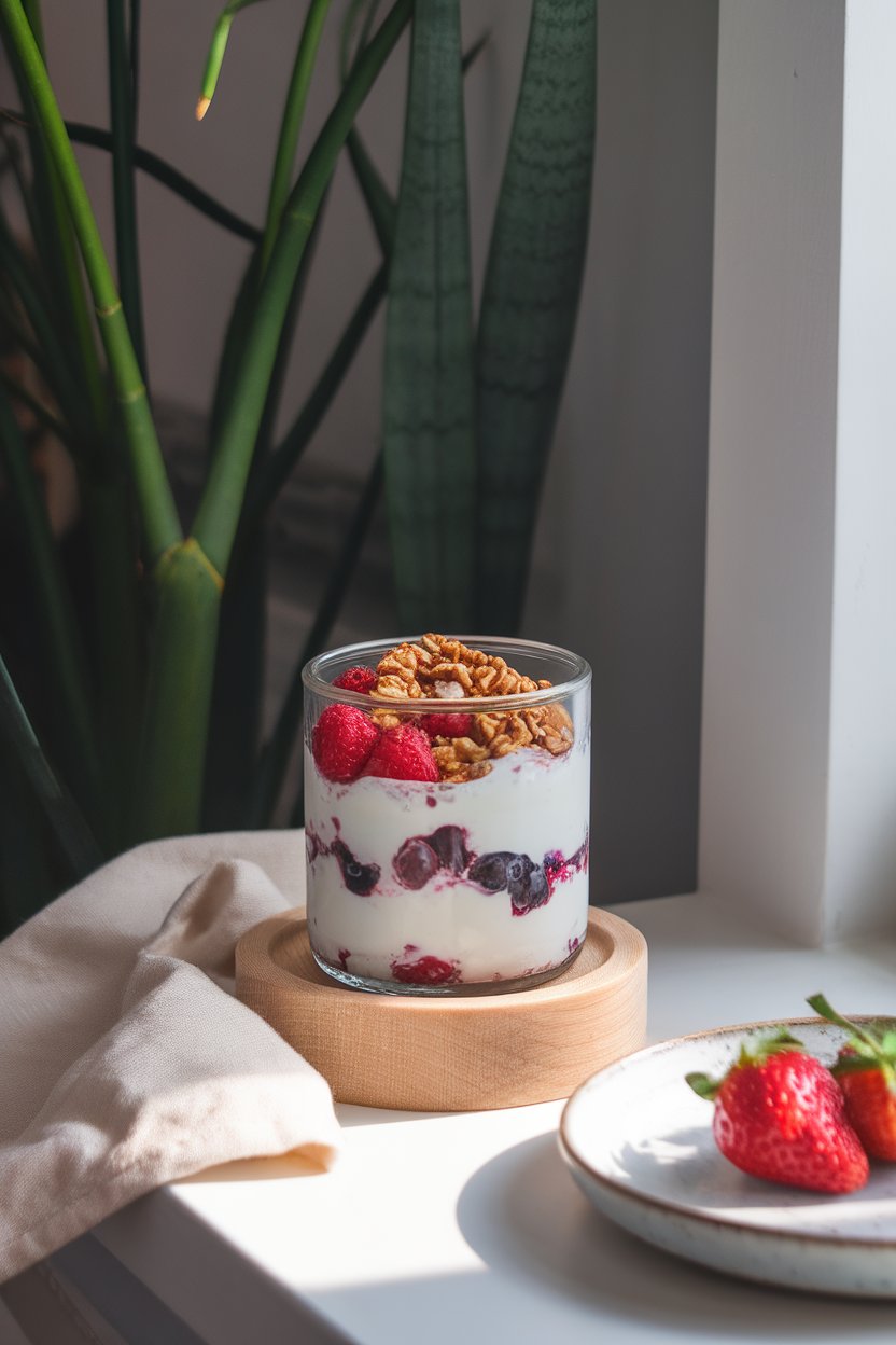 A cozy indoor breakfast nook with a clear glass jar layered with Greek yogurt, mixed berries, and a sprinkle of granola on top. Soft morning light; no text or logos on the dishware.