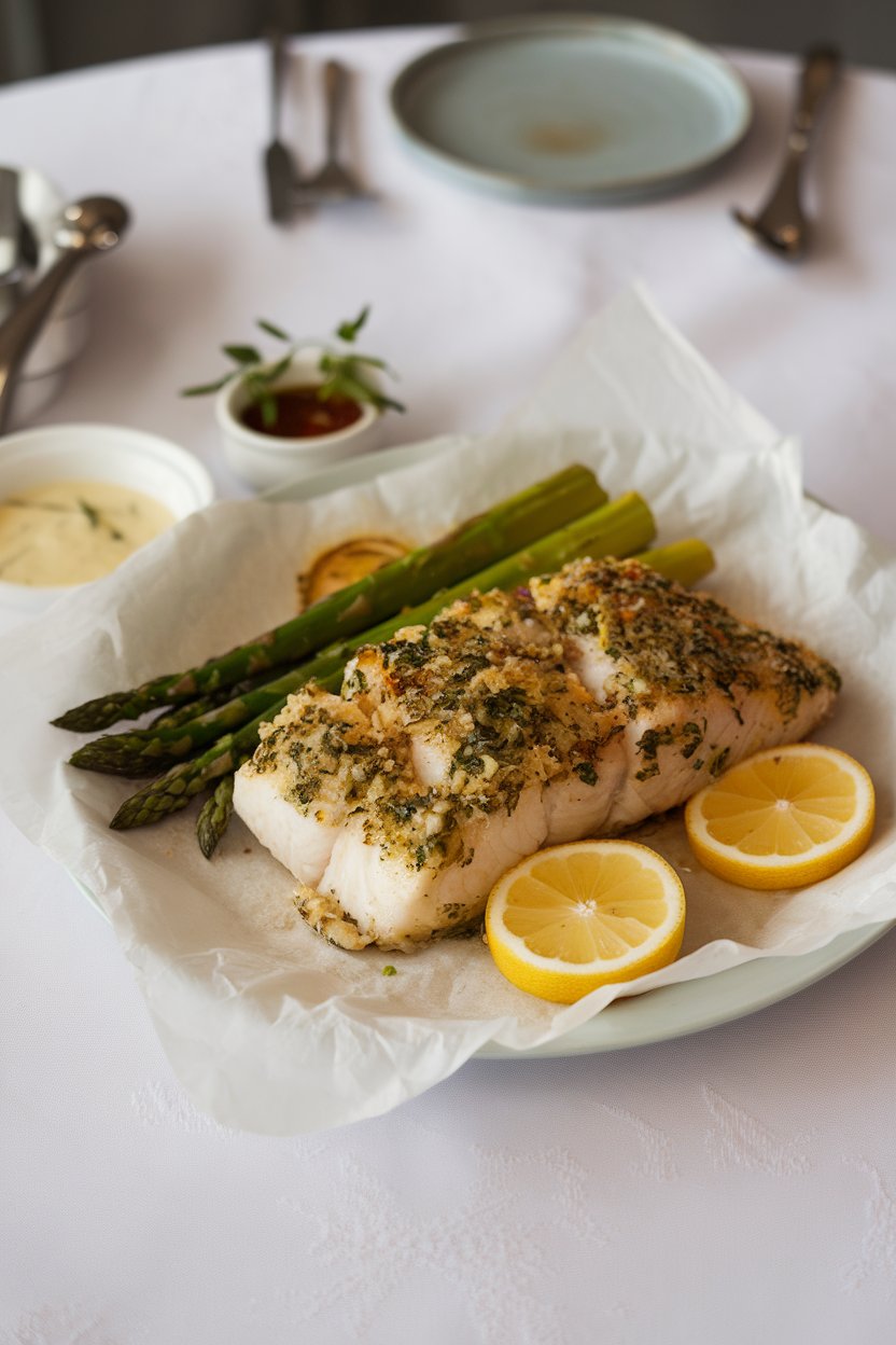 An indoor dining table highlighting a plate of herb-crusted cod with lemon slices, asparagus on the side; no logos. Photo only.