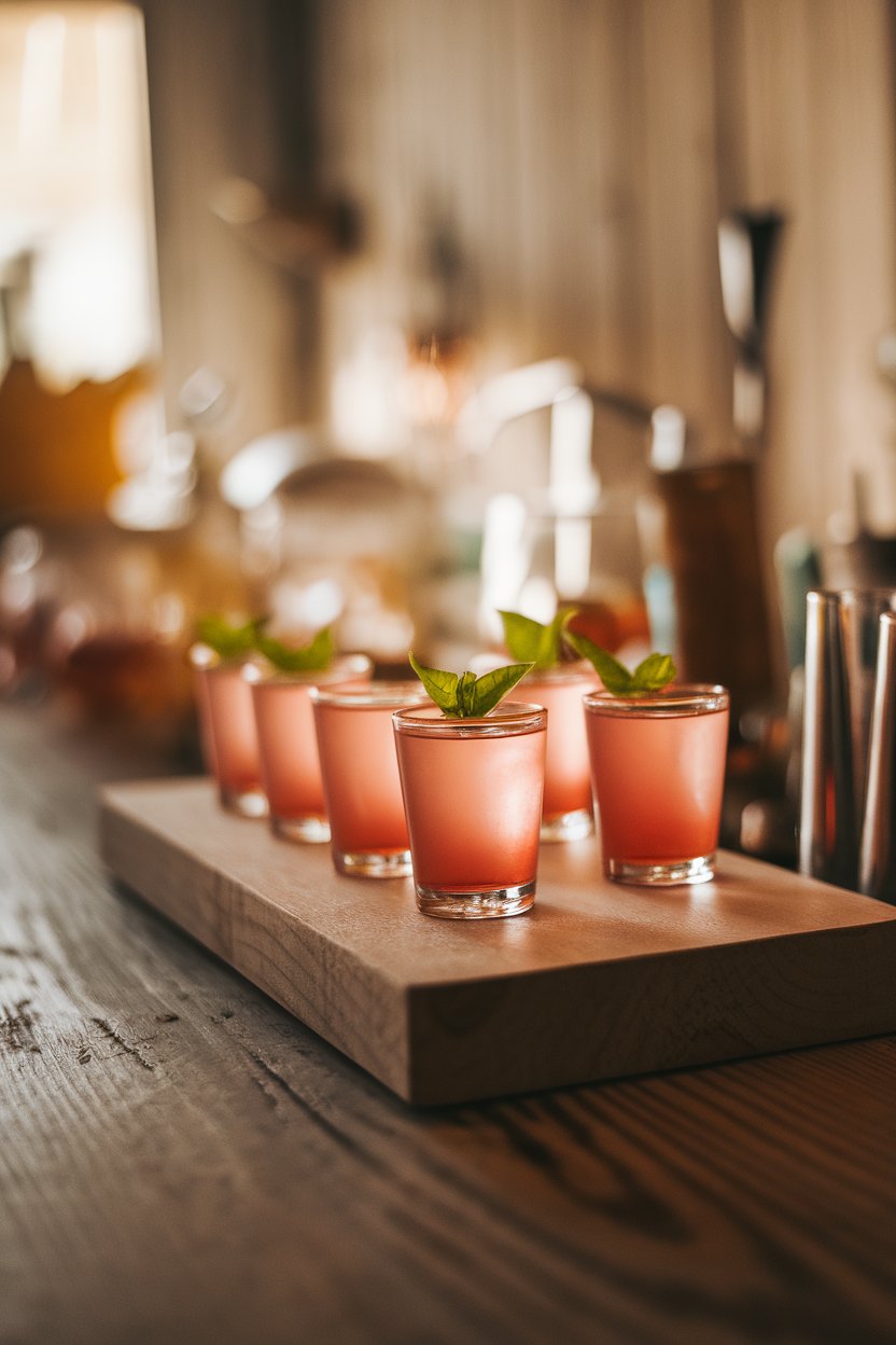 Photo of rosy-pink shots with a tiny basil leaf garnish, indoor rustic bar; no logos.