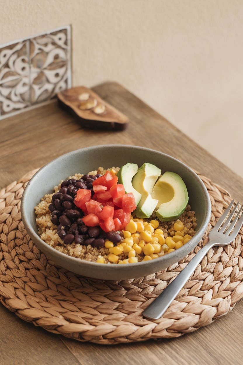 Indoor table with a shallow bowl of quinoa topped with black beans, corn, diced tomatoes, and avocado slices. No text or logos; photo.