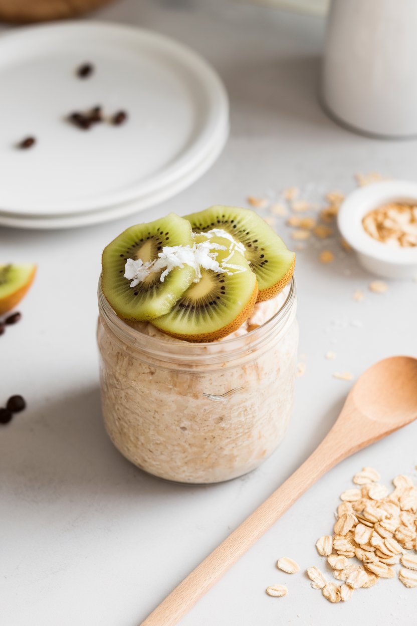 Indoor bright kitchen photo of a jar of oats topped with vivid green kiwi slices and a sprinkle of coconut flakes. No logos or text. Photo only.