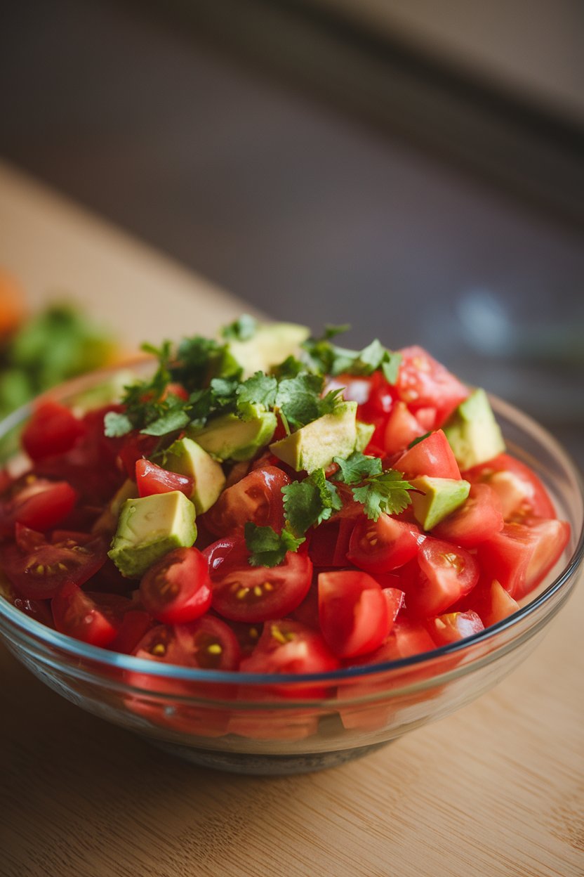 Indoor photo of diced ripe tomatoes and avocado in a shallow bowl, sprinkled with chopped cilantro. No text or logos; photograph.