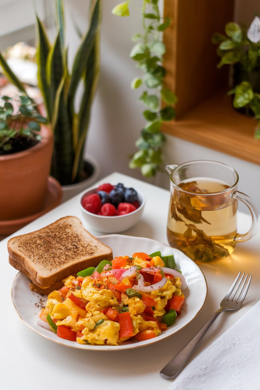 Photo — An indoor breakfast nook featuring a plate of veggie-laden scrambled eggs alongside a slice of whole-grain toast and a small bowl of berries. Warm natural lighting, no text or logos visible.