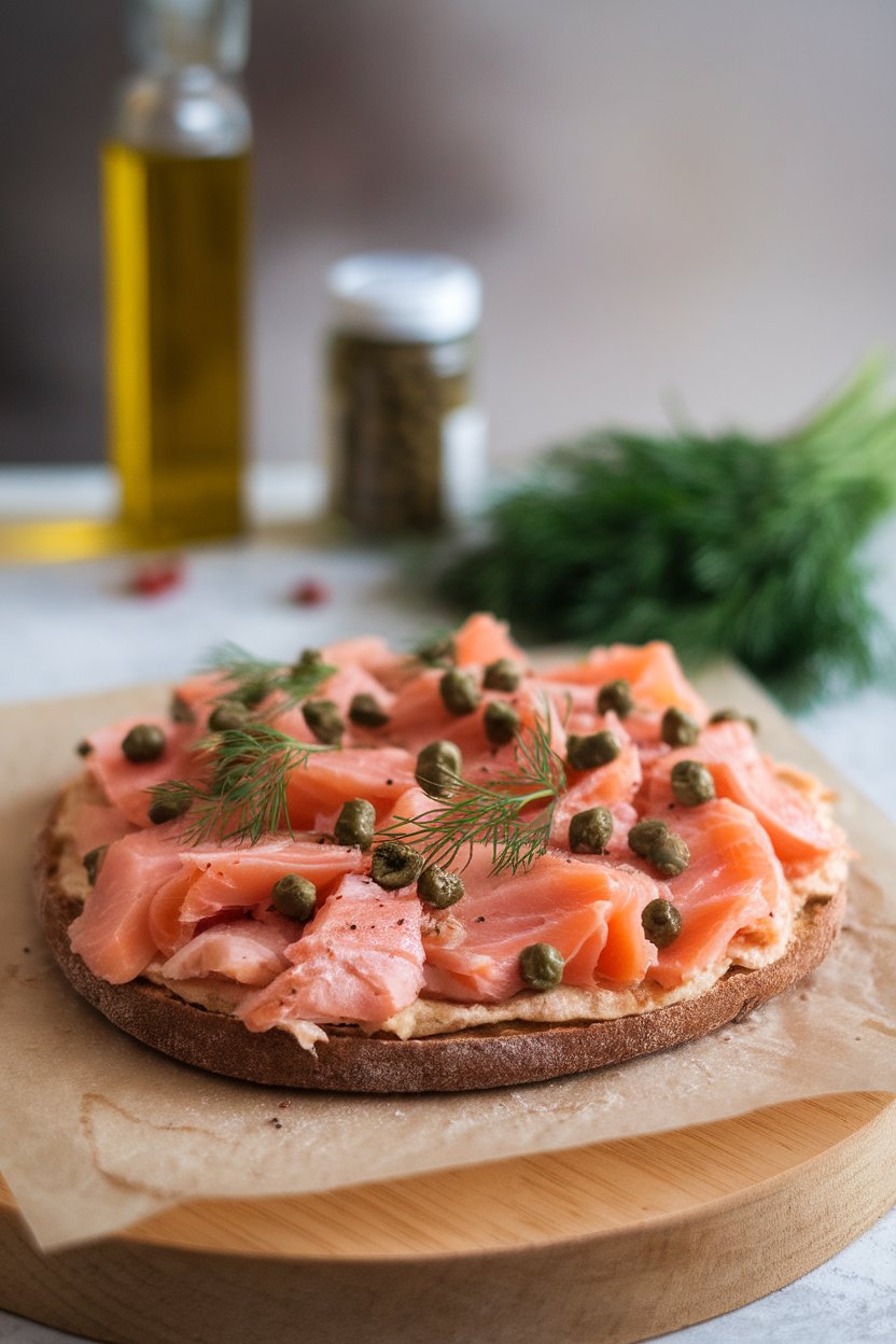 Indoor photo of thin rye sourdough flatbread pizza topped with cooked flaked salmon, capers, and dill on parchment, no text or logos