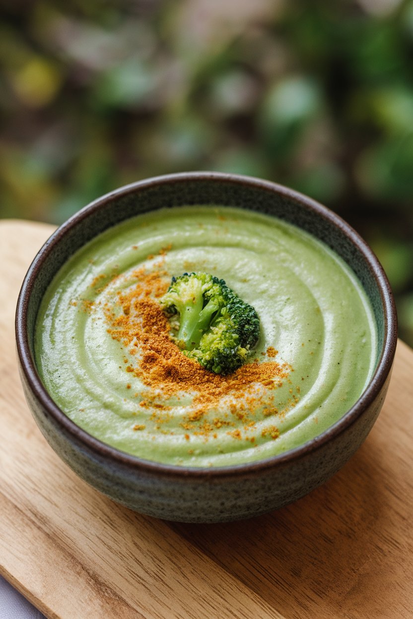 Indoor bowl of creamy green soup topped with tiny broccoli florets and nutritional yeast sprinkle. No logos or text; photo.