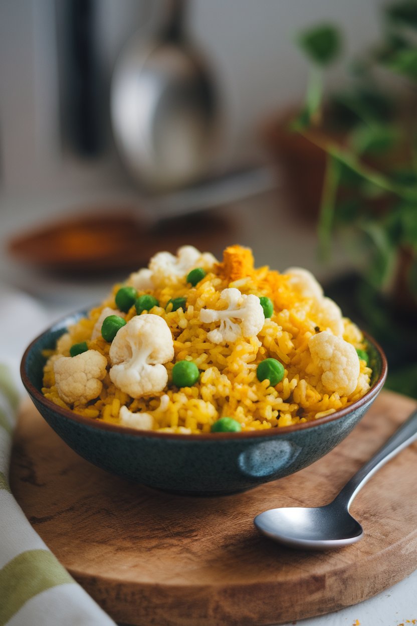 Photo prompt: Indoor bowl filled with yellow rice pilaf featuring cauliflower florets, green peas, and turmeric, spoon resting nearby. No text or logos.