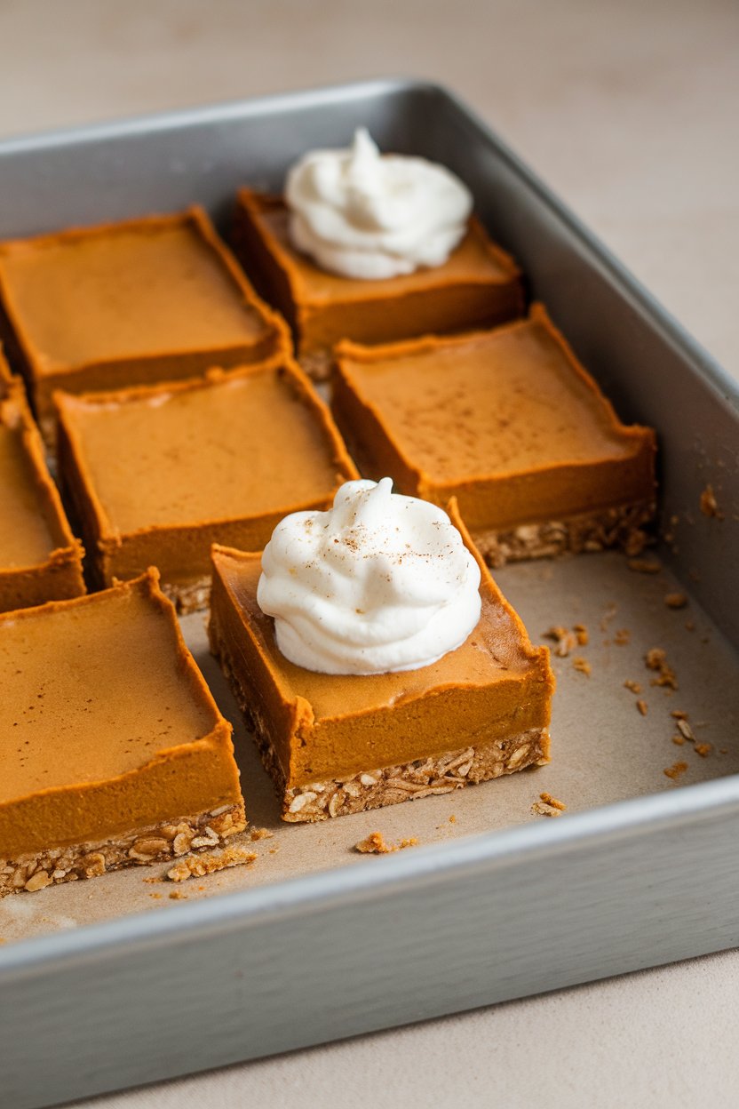 Photo of an indoor baking pan with sliced pumpkin pie squares on an oat-almond crust, dollop of coconut whip on one, no text or logos.