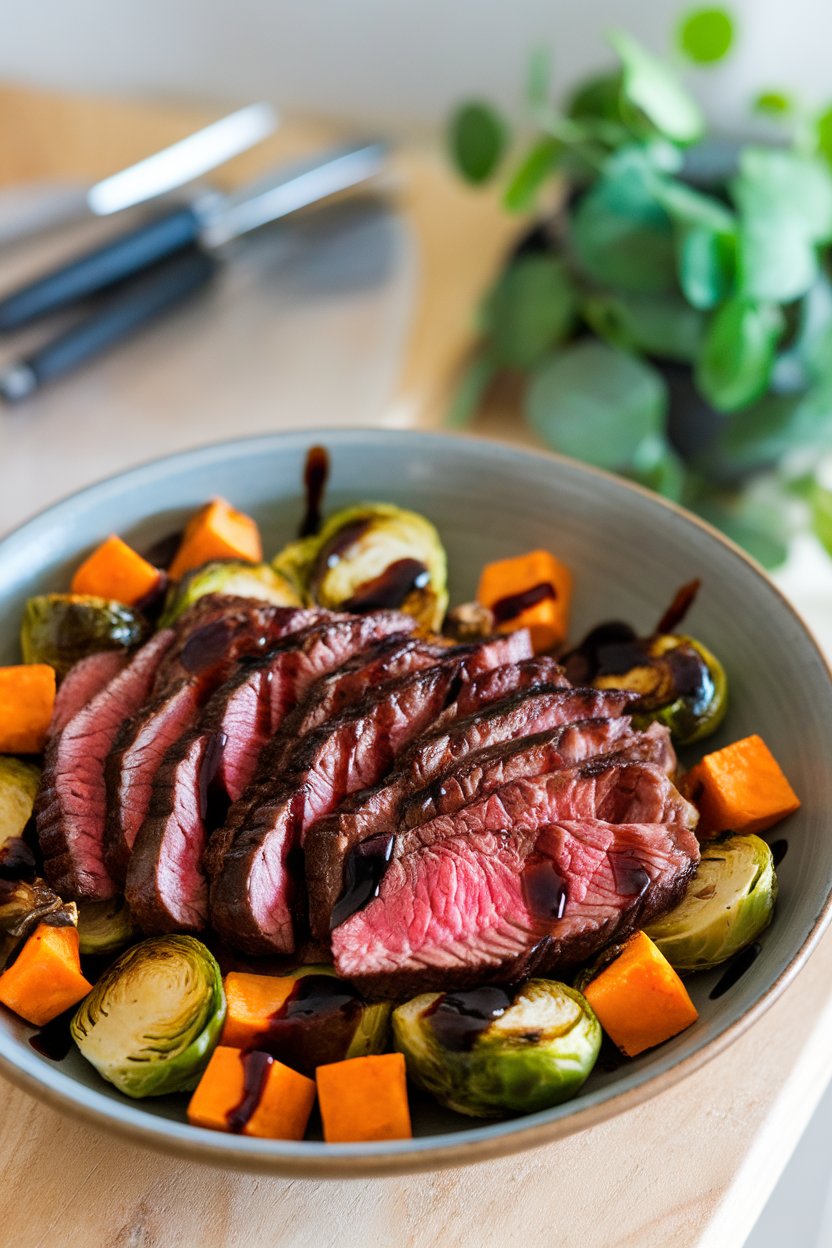 An indoor photo of sliced grilled flank steak over roasted Brussels sprouts and sweet potato cubes in a shallow bowl, balsamic drizzle, no text or logos.