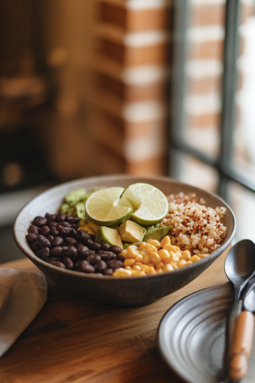 Warm indoor shot of a bowl holding seasoned black beans, roasted corn, diced avocado, and quinoa, topped with lime wedges. No text or logos.