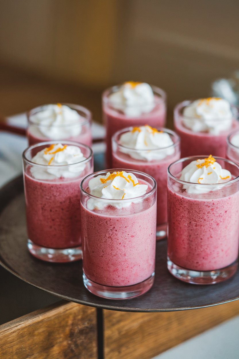 Several small glass shooters on an indoor tray filled with pink cranberry smoothie, orange zest sprinkled; no text or logos, photo only