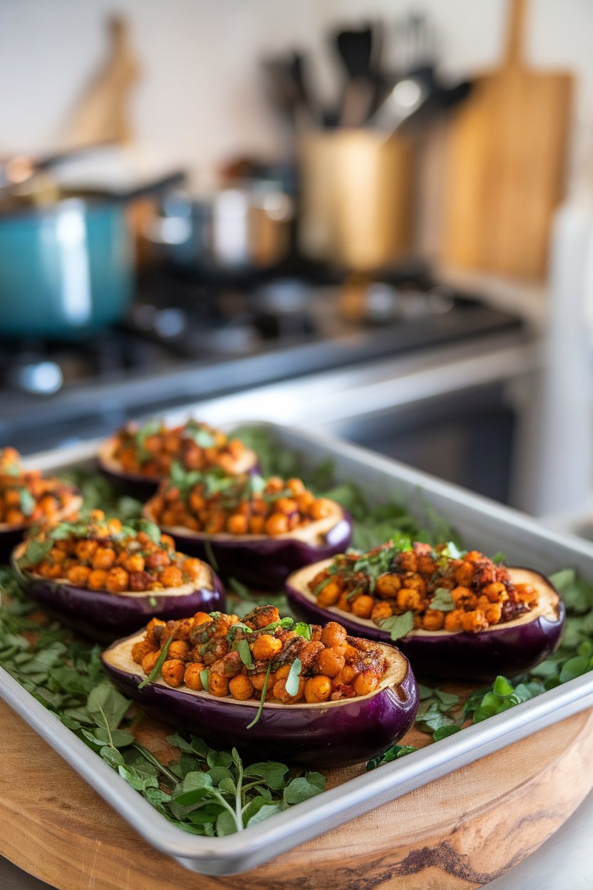 An indoor tray of roasted eggplant halves filled with spicy harissa chickpeas and herbs; no brand names.
