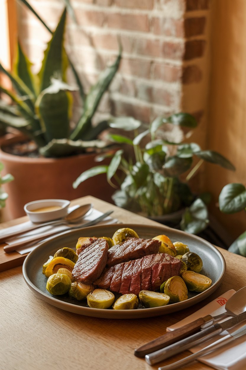 A warmly lit indoor dining setting showing a plate of grilled steak strips over roasted Brussels sprouts; no text or logos. Photo only.