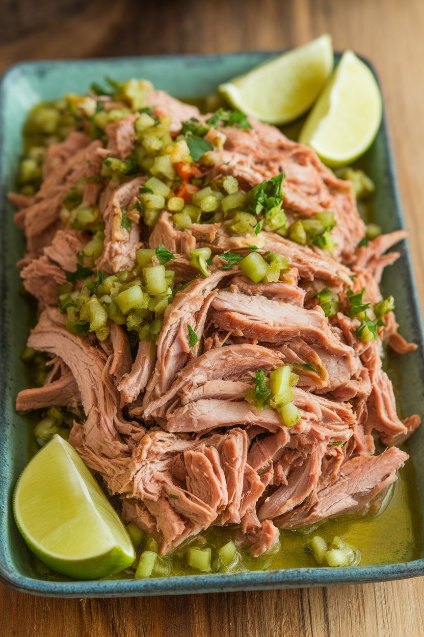 Indoor food photo of shredded pork tossed in green salsa on a rectangular platter, lime wedges alongside; no text or logos.