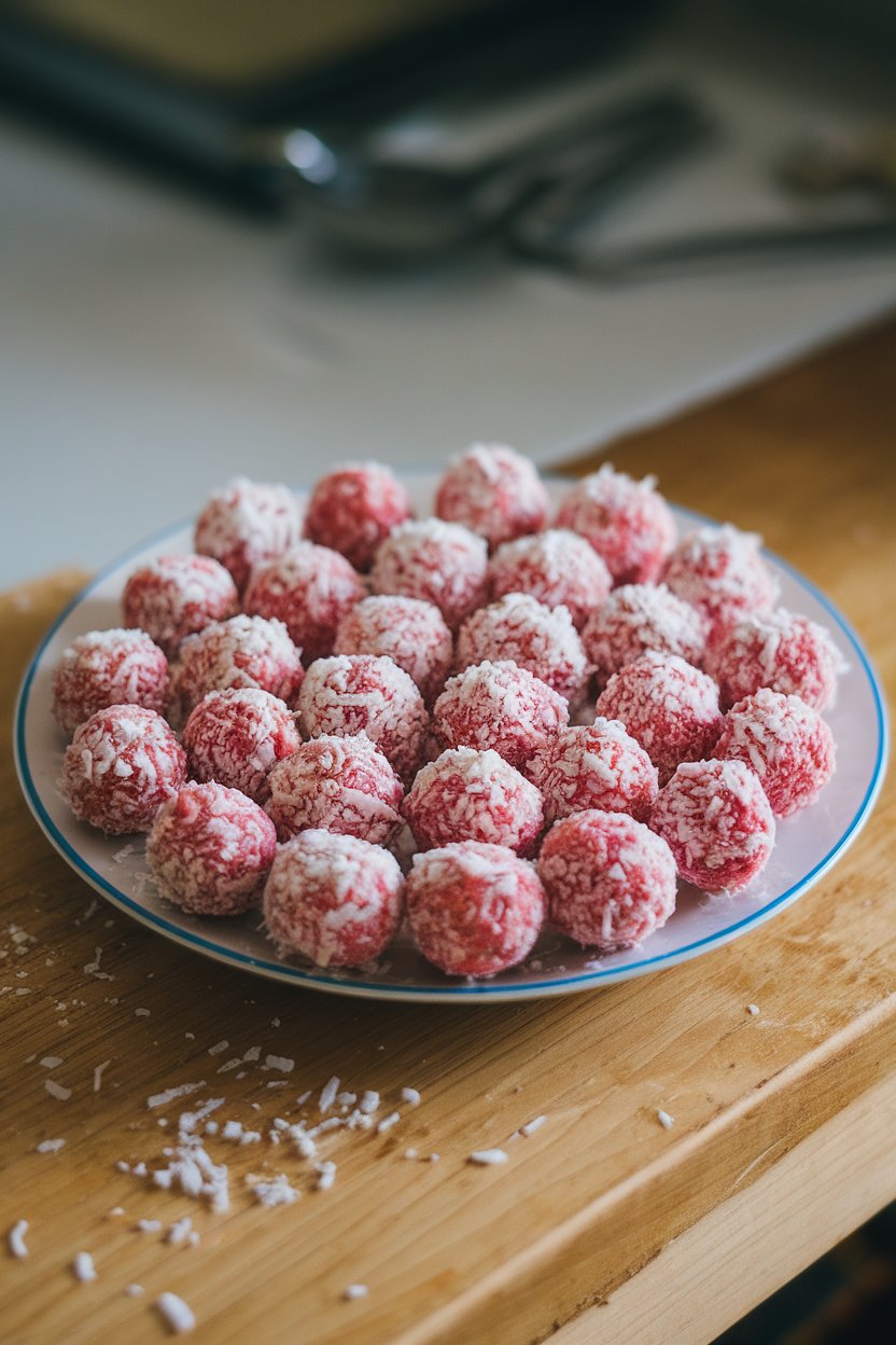 Indoor snack plate of small pink energy bites rolled in shredded coconut—no text or logos.