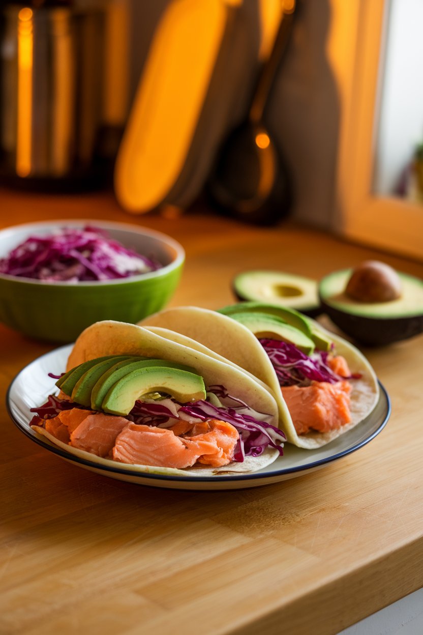 A warmly lit indoor countertop displaying soft corn tortillas filled with flaky chili-lime salmon, purple cabbage slaw, and avocado slices. No brand names or logos in the scene.
