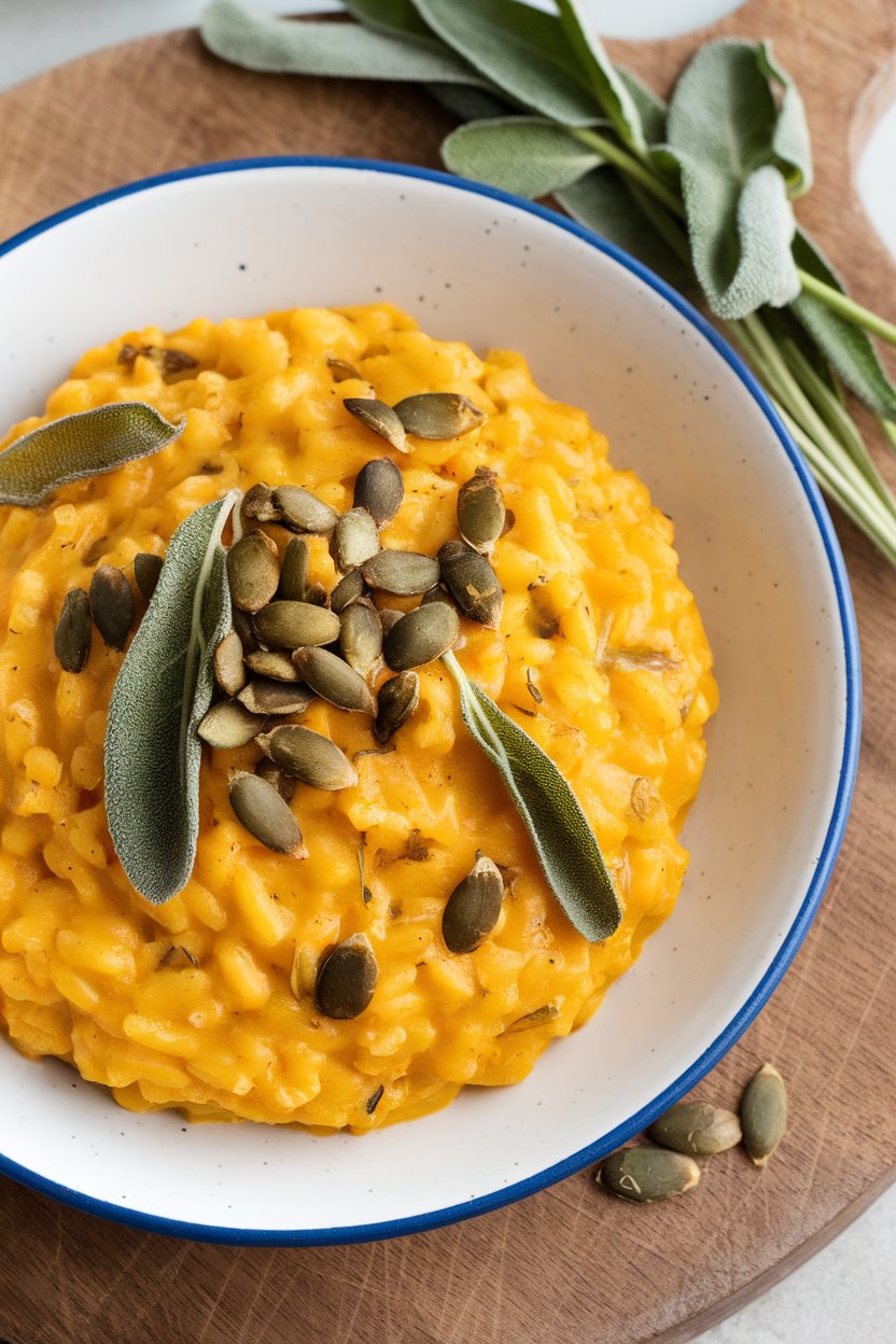 An indoor plate of creamy pumpkin risotto flecked with fresh sage leaves and topped with toasted pumpkin seeds; no text or logos; photo.