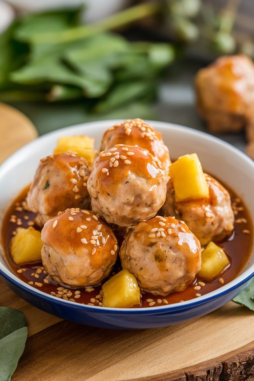 Indoor serving dish of glazed chicken meatballs dotted with pineapple chunks and sesame seeds, sauce shimmering. No logos or text.