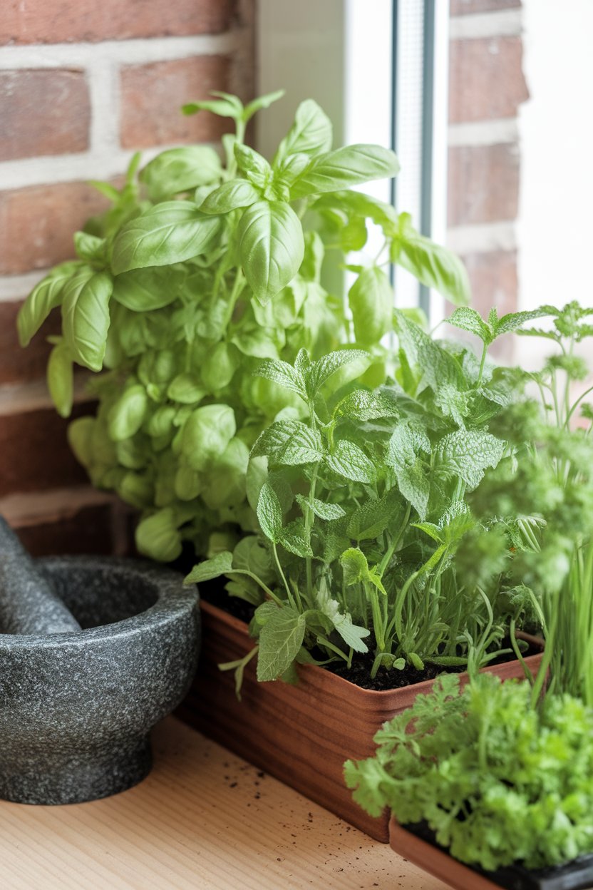 Photo of an indoor windowsill herb garden with fresh basil, mint, and parsley beside a mortar and pestle; bright daylight; no text or logos.