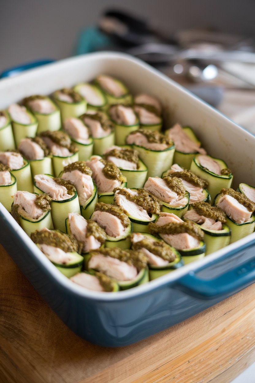 Indoor casserole of rolled zucchini strips filled with chicken and topped with pesto sauce—no text or logos.