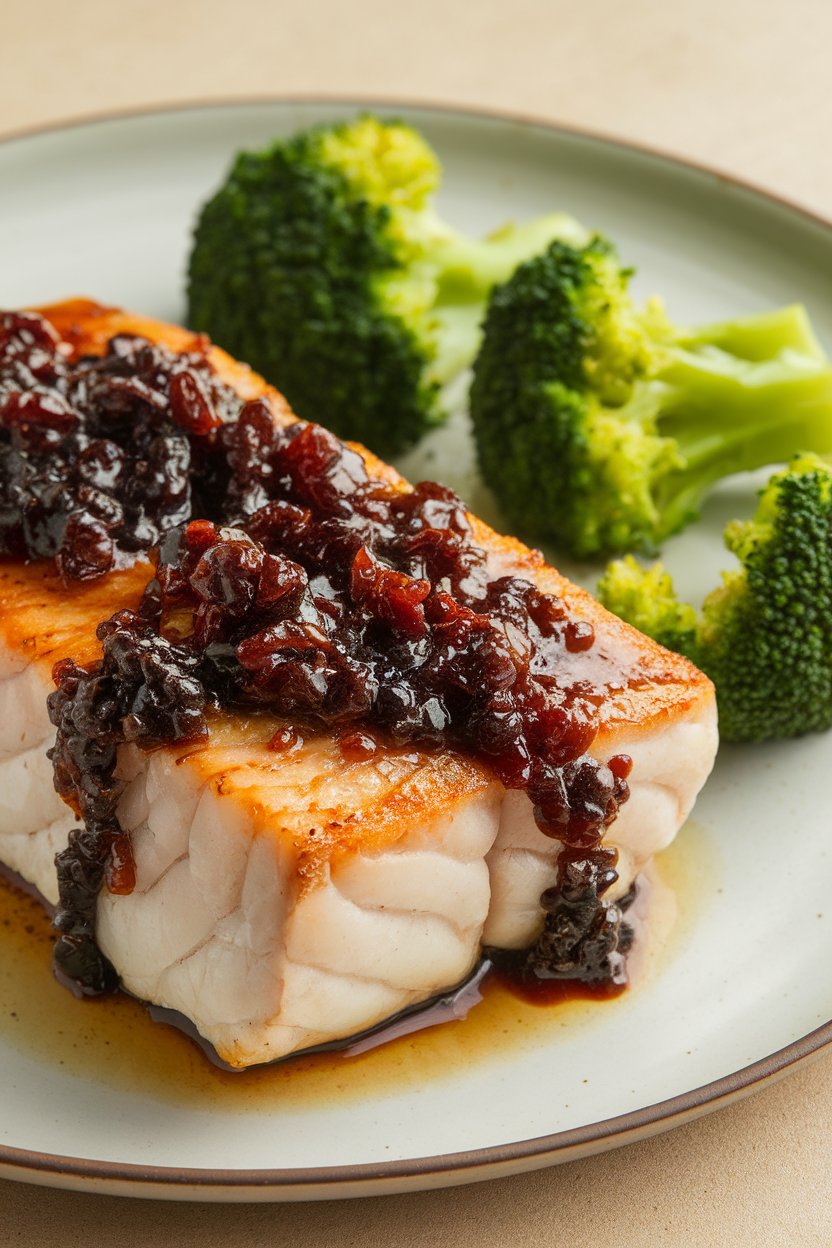 Indoor photo of cooked cod fillet topped with caramelized miso glaze on a plate, steamed broccoli florets alongside. No text or logos.