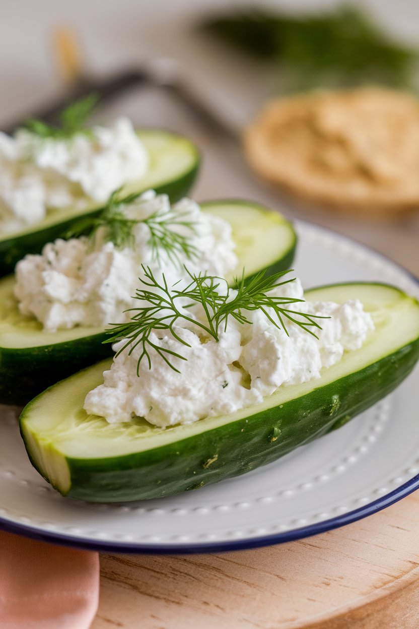 Indoor close-up of cucumber halves hollowed and filled with cottage cheese, topped with fresh dill, no logos in scene.