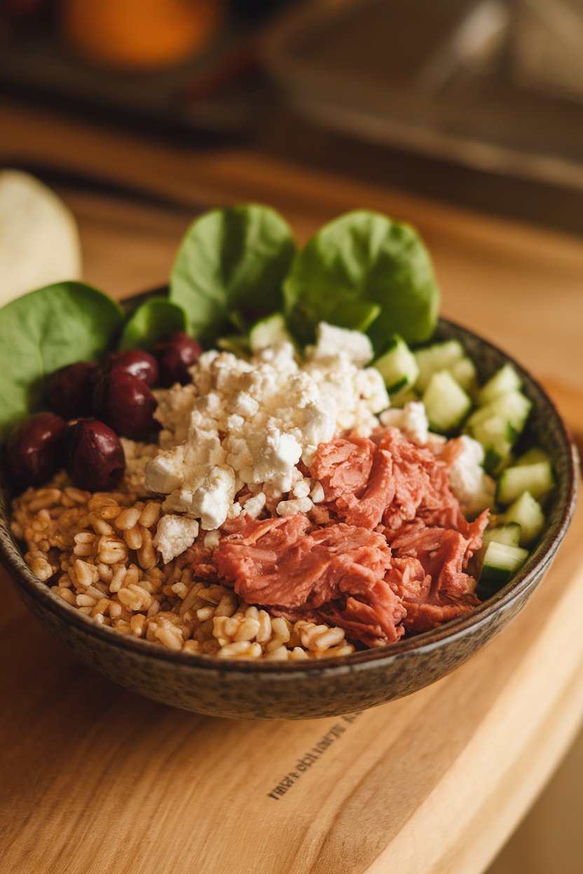 Bowl with cooked farro, tuna, cucumbers, feta crumbles, and olives (optional), indoor shot with warm light, no branding.