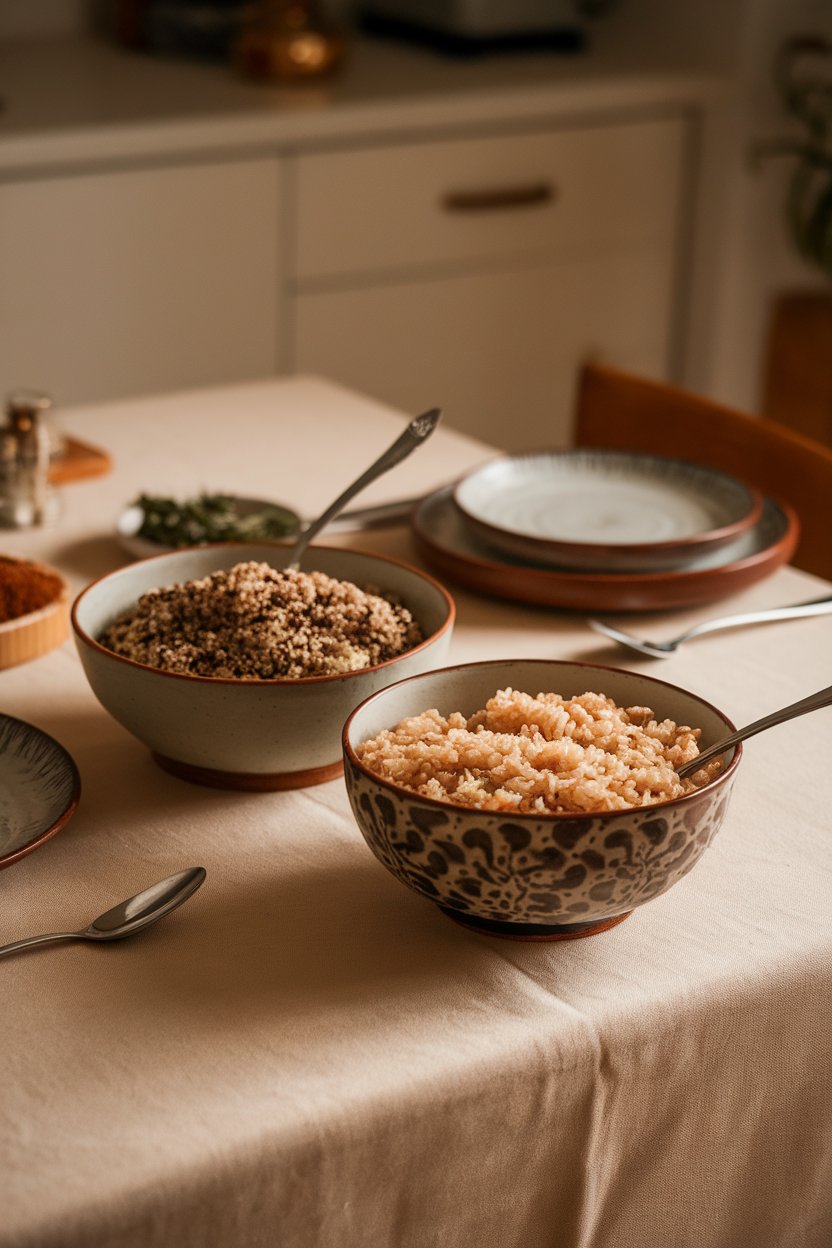 Indoor kitchen table photo featuring cooked quinoa and brown rice in separate bowls with serving spoons, warm lighting, no text or logos.