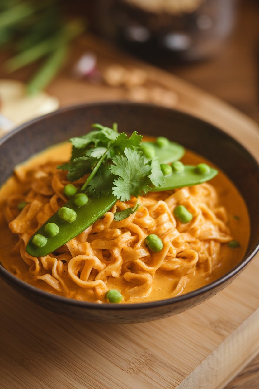 Photo, indoors, bowl of rice noodles bathed in golden coconut curry, topped with snap peas and cilantro. No text or logos.