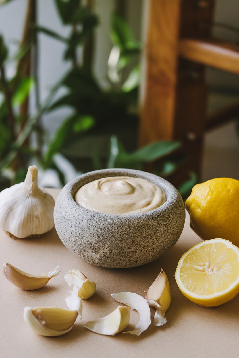 Indoor tabletop with a stone bowl of creamy tahini garlic dressing, surrounded by peeled garlic cloves and a lemon half. Photo, not illustration. No text or logos.