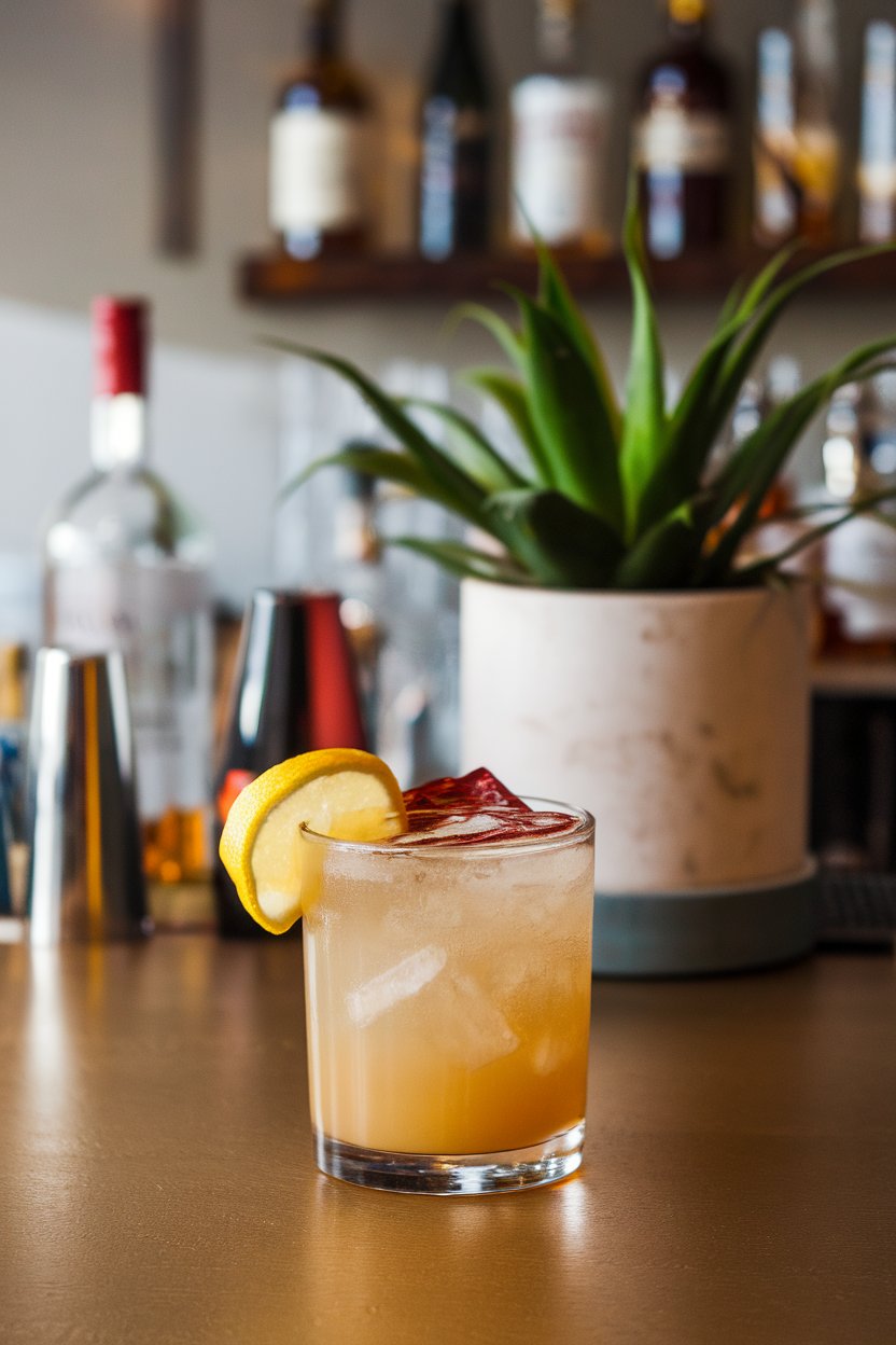 An indoor bar with a rocks glass Maple New York Sour topped by a thin red wine float and lemon wheel. No text or logos.