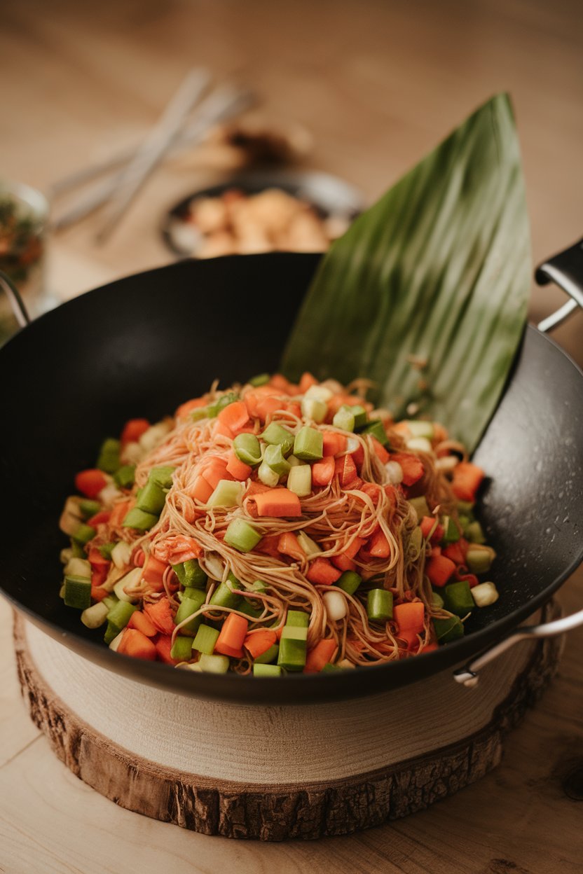 An indoor wok filled with colorful bite-size vegetables and thin noodles, steam visible; no text or logos.