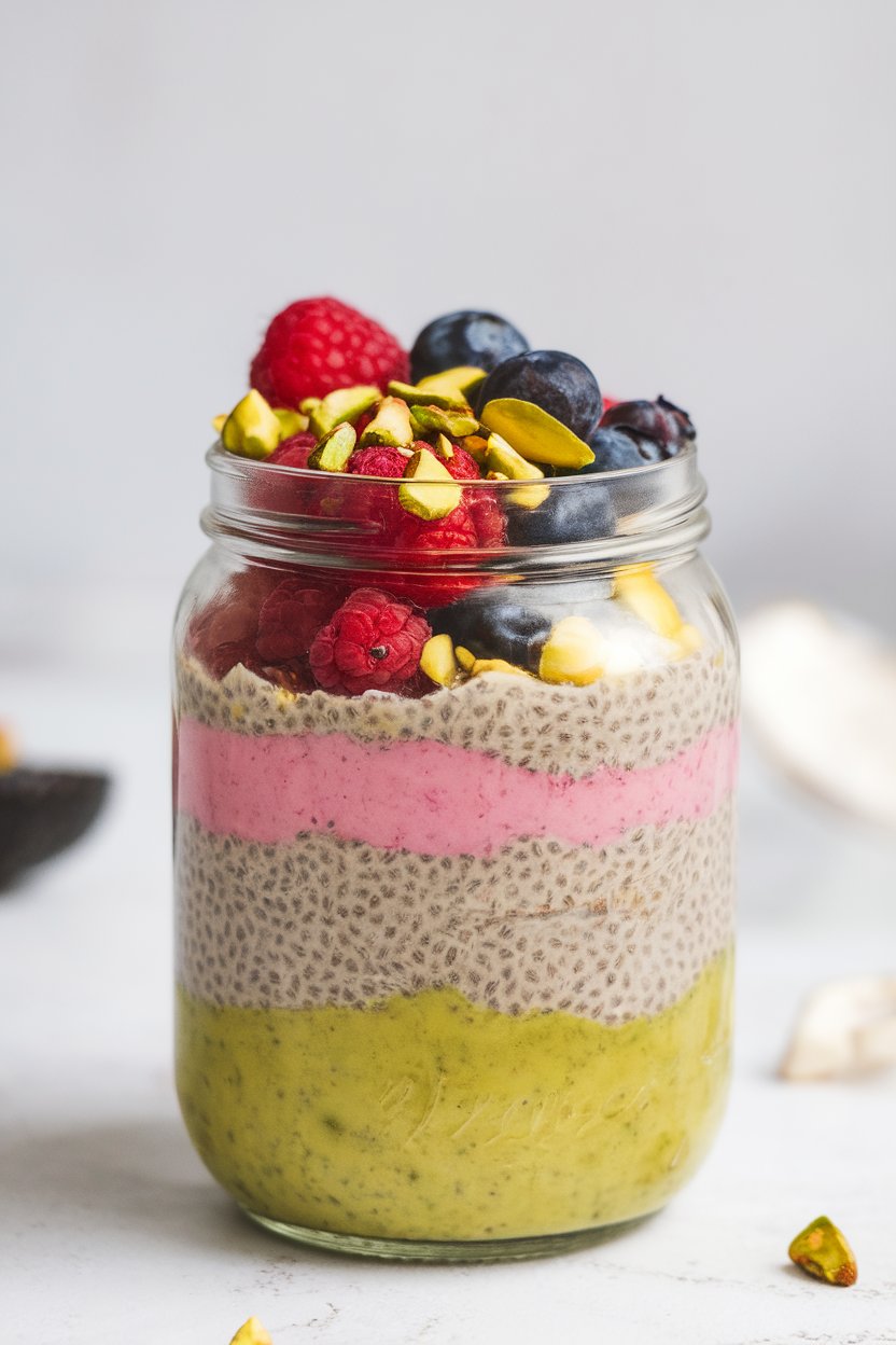 Indoor jar of layered chia pudding with blended avocado base, topped with mixed berries and chopped pistachios. Photo, no text or logos in frame.