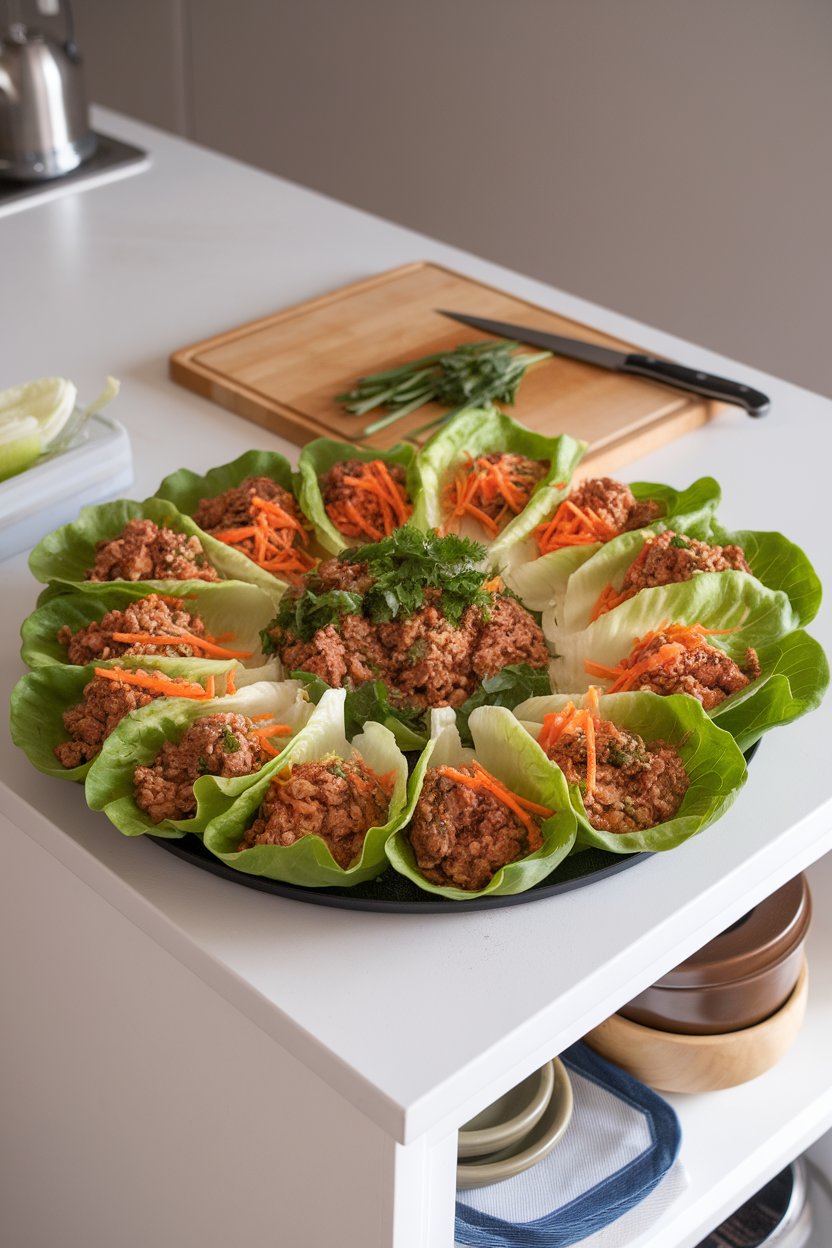 Photo of an indoor kitchen island loaded with lettuce wraps containing seasoned ground turkey, shredded carrots, and fresh herbs. No text or logos anywhere.
