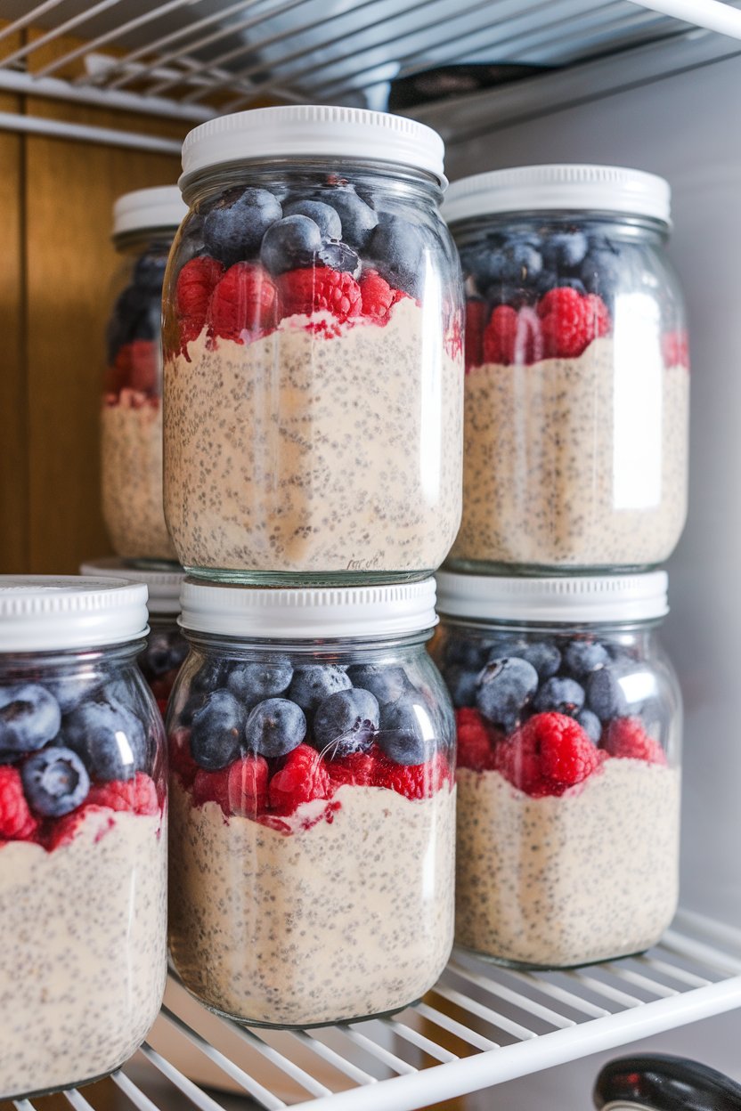 An indoor refrigerator shelf with sealed glass jars of overnight oats layered with chia seeds, almond milk, and fresh berries. No text or logos on jars.