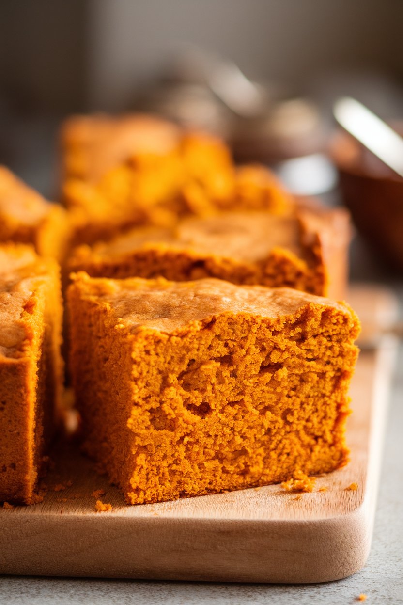 Indoor cutting board with thick wedges of pumpkin cornbread, steam visible, crumb texture clear. No text or logos.