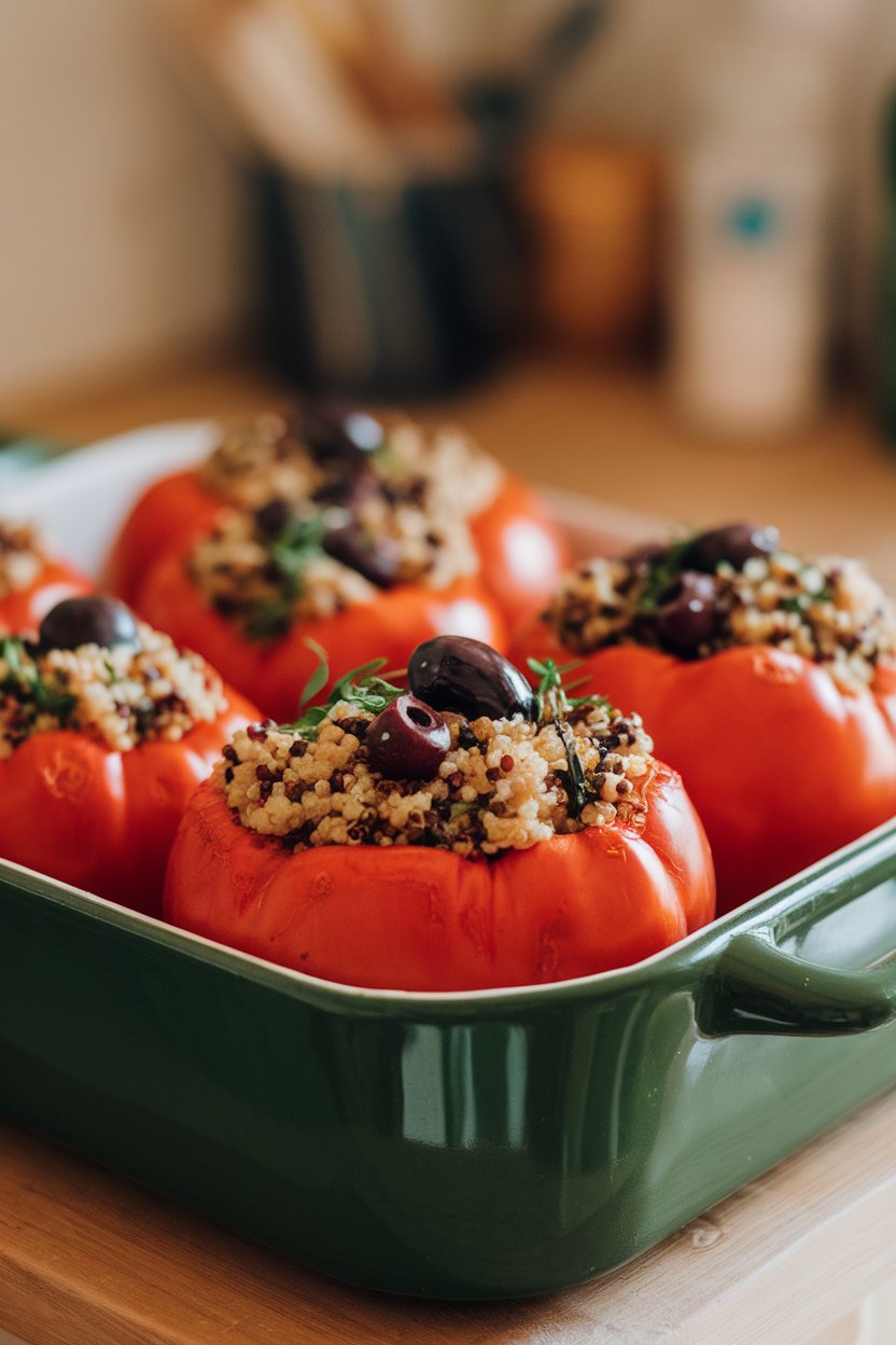 Warm indoor baking dish of large tomatoes stuffed with quinoa, olives, and herbs. No text or branding.
