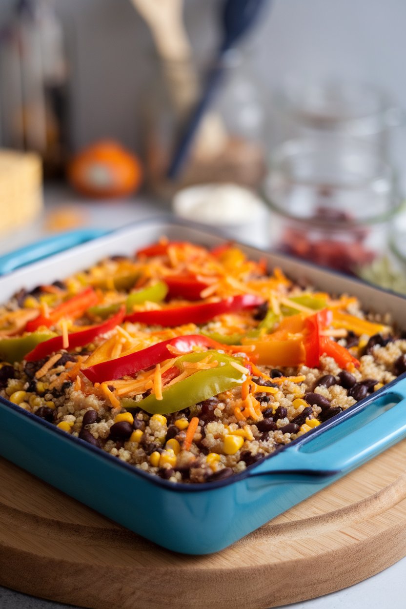 An indoor baking dish with colorful bell peppers filled to the brim with quinoa, black beans, and corn, cheese just melted on top; no text or logos.
