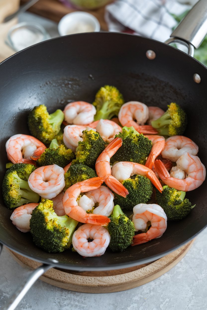 Indoor wok scene with cooked shrimp and bright green broccoli florets tossed in a light soy-ginger glaze. No text or logos; photo.