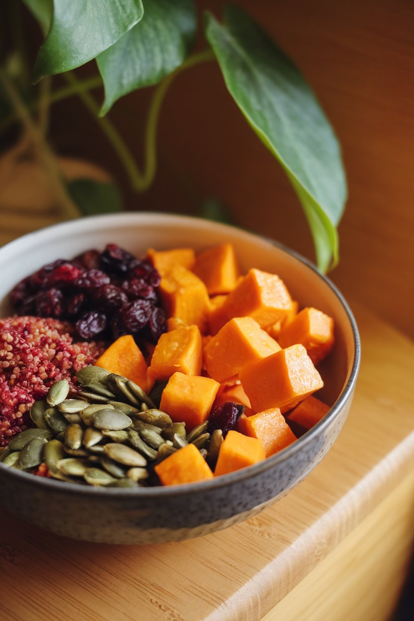 Indoor shot of a bowl containing roasted butternut squash cubes, red quinoa, dried cranberries, and pumpkin seeds. No text or logos.