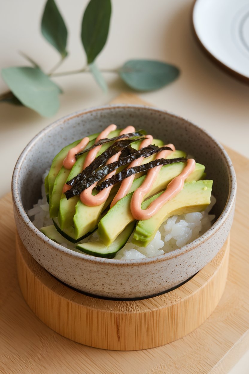 Indoor ceramic bowl containing sushi rice topped with sliced avocado, cucumber ribbons, nori strips, and a drizzle of spicy mayo. No text or logos visible.