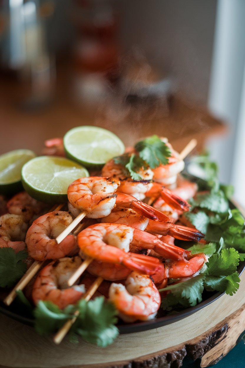 Indoor dinner platter photo of cooked shrimp skewers with visible grill marks, garnished with lime wedges and cilantro, steam faintly visible. No text or logos.