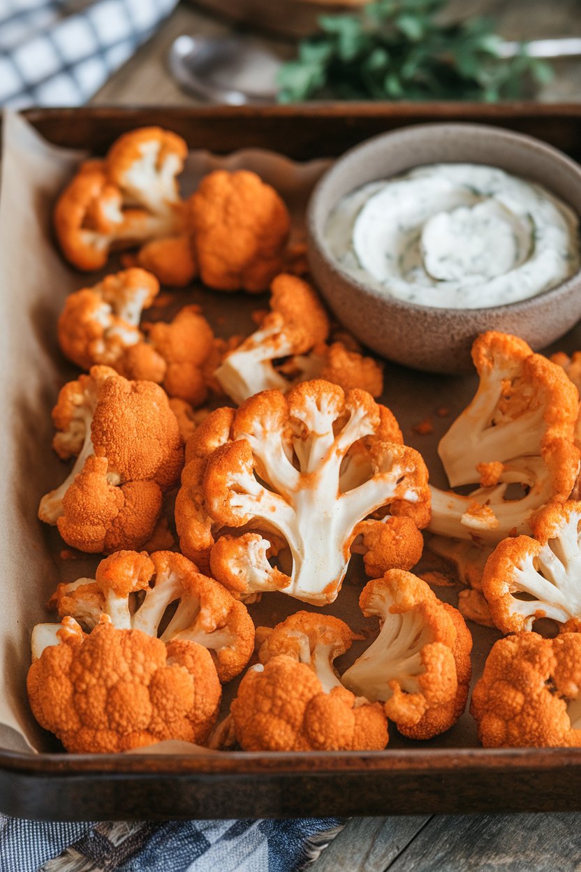 Indoor tray of roasted cauliflower florets coated in orange buffalo sauce, ranch dip on the side. No text or logos. Photo only.