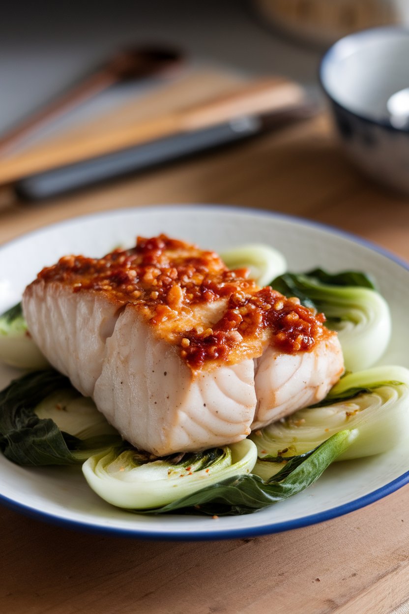 Photo of an indoor plate displaying baked cod fillet coated in miso glaze alongside sautéed bok choy; no text or logos