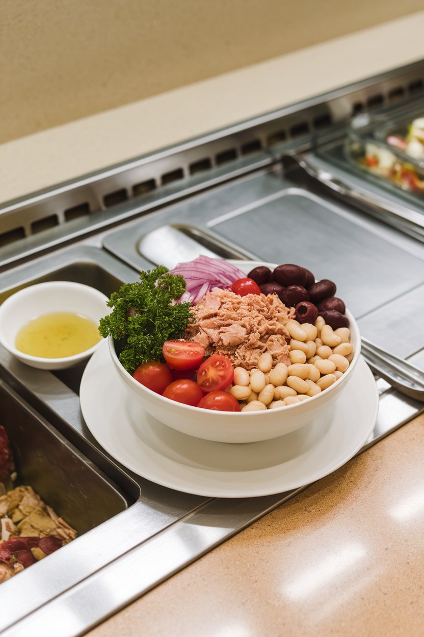 Indoor lunch counter showing a bowl of cannellini beans, flaked tuna, cherry tomatoes, olives, parsley, and red onion in lemon olive oil dressing. Photo only, no text or logos.