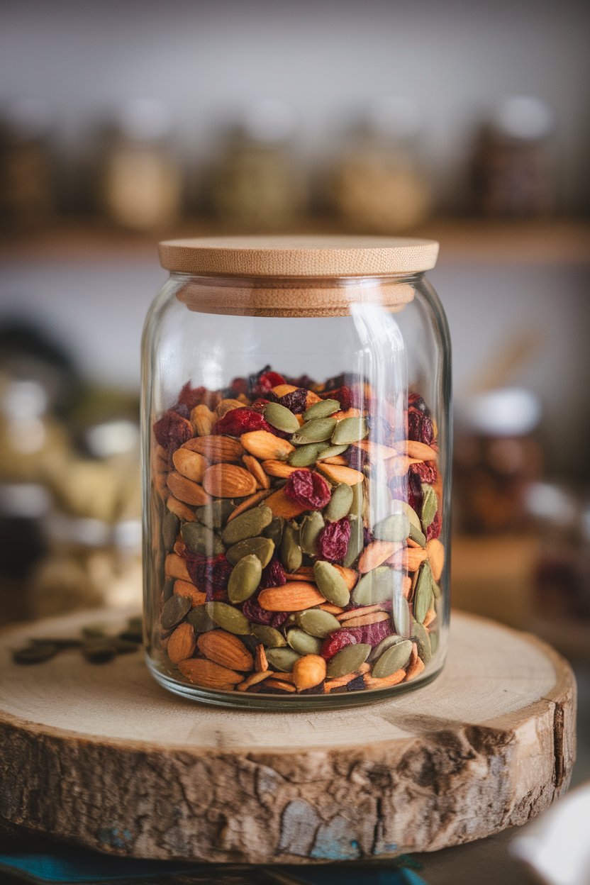 Indoor photo of a glass jar filled with a colorful mix of almonds, pumpkin seeds, and dried cranberries, lid off, no text or logos