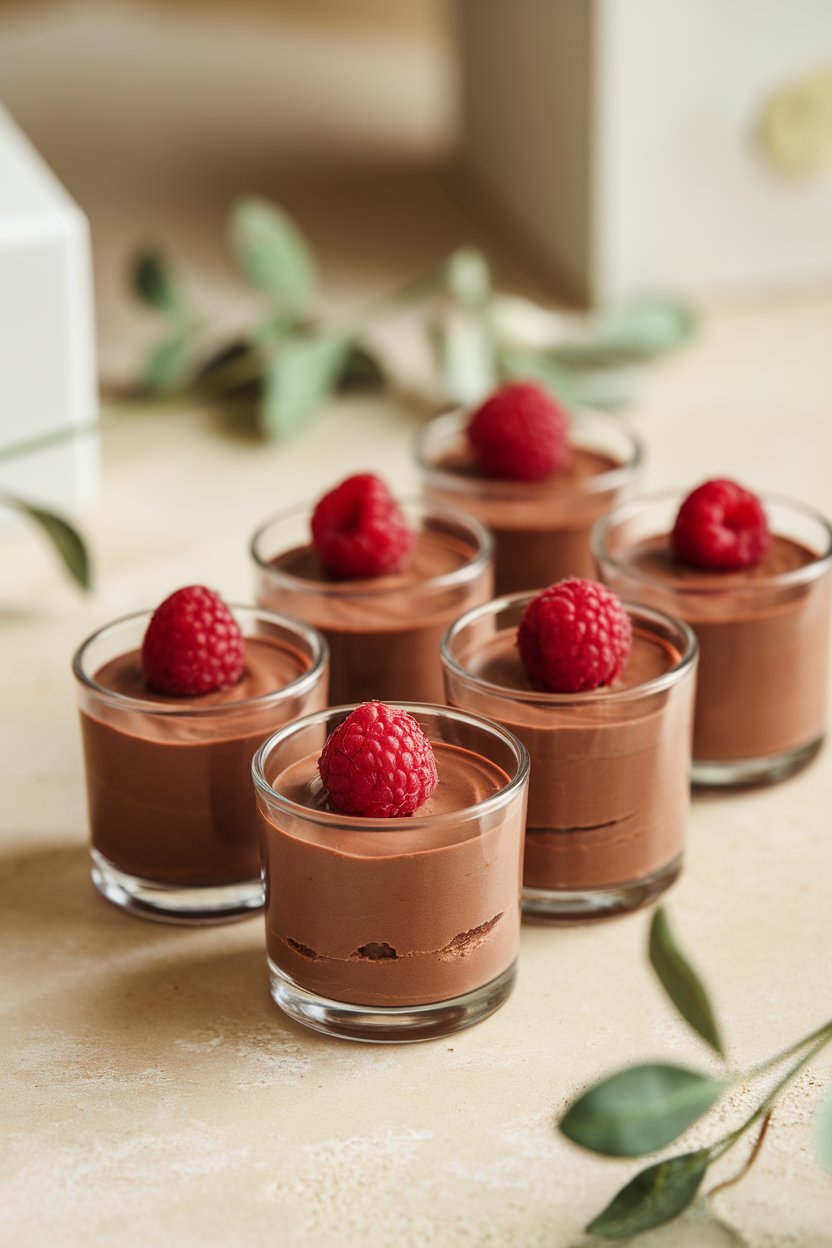 Indoor dessert table with small glass cups of silky chocolate mousse garnished with raspberries. Photo, no text or logos visible.